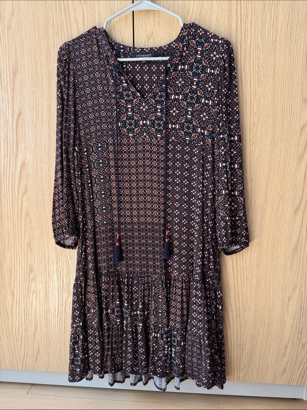 Liverpool Black Printed Tassel Mini Dress with Orange Accents